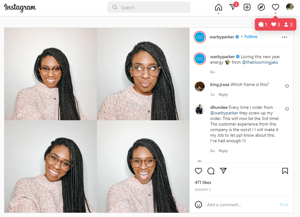 Warby Parker digital marketing example of using UGC