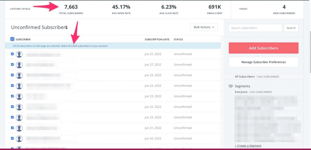ConvertKit unconfirmed subscribers screen
