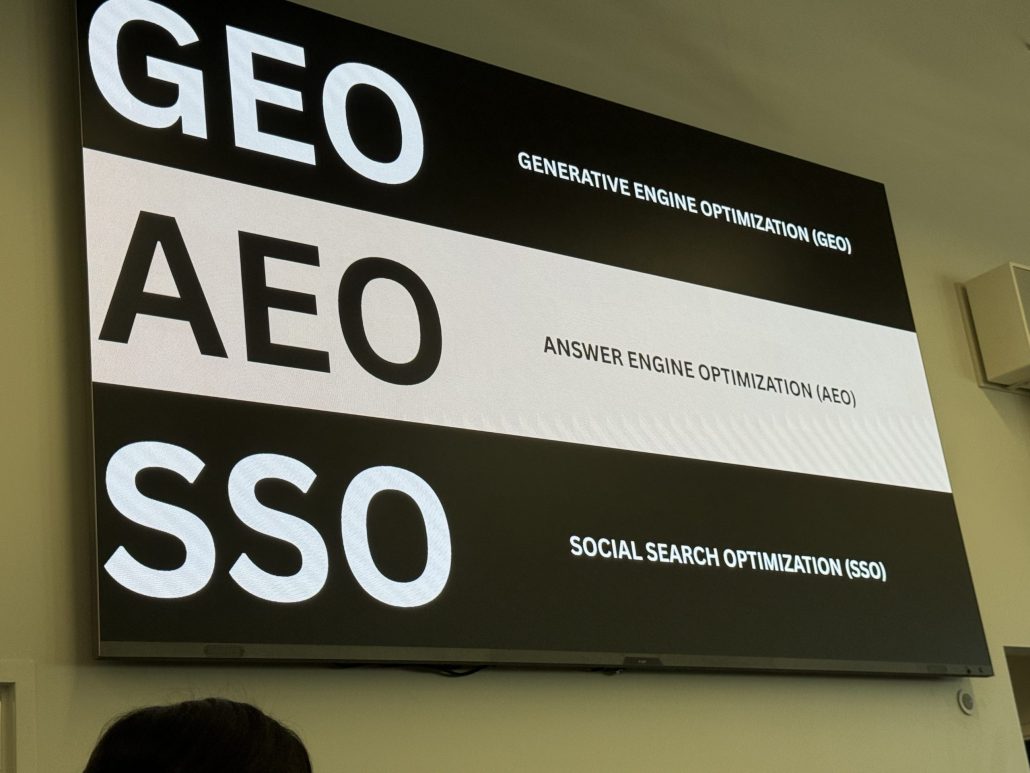 Original SEO-AEO slide image from Social Media Breakfast presentation